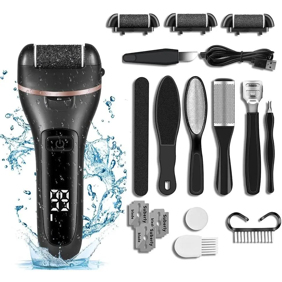Rechargeable Waterproof Electric Callus Remover and Foot Polisher 10 Pieces Black Pedicure Set