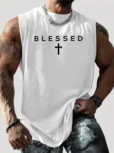 Men's "Blessed" Cross Graphic Sleeveless Tank Top, Christian Religious Style Casual Gym Vest, Streetwear Athletic Top #ChristianApparel #BlessedTee #MensGymWear #SleevelessTank #TikTokMadeMeBuyIt