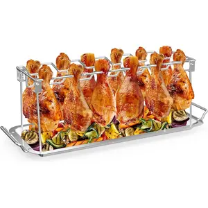 Chicken Leg Rack for Grill with Drip Tray, 12 Slots Chicken Wing Rack - Premium Stainless Steel Chicken Drumstick Rack for Smoker - Chicken Drumstick Holder for Grill Accessories