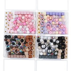 96pcs boxed various acrylic silicone round bead keychain wool ball combinations - Craft projects, jewelry making beads, keychain accessories, creative bead design, multiple bead types, bead pen compatibility, craft supplies, colored beads