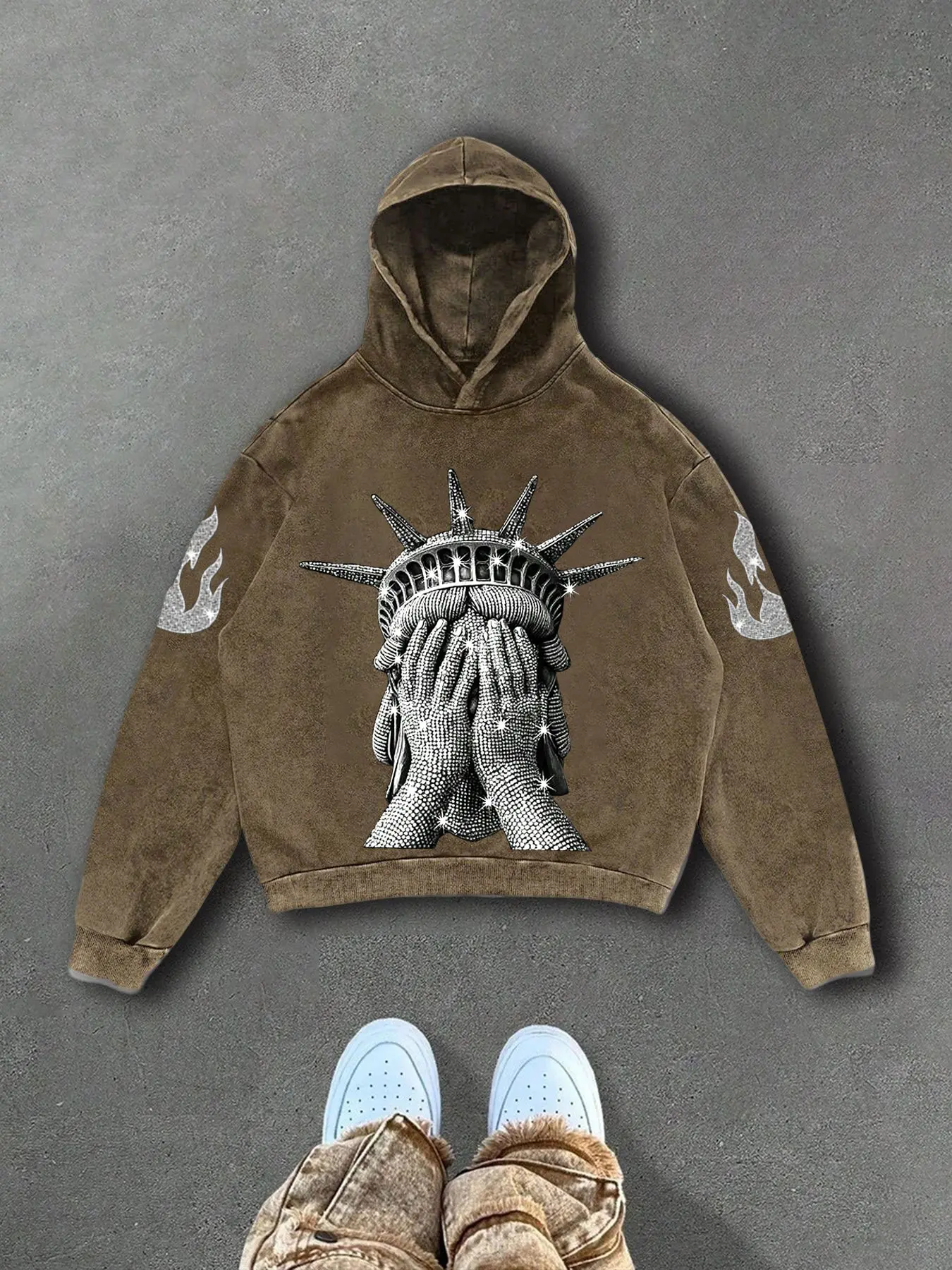 Men's Long Hooded Cotton Sweatshirt, Graphic Print Hoodie, Lady Liberty Print, Casual Fitted Design, Comfortable Fashion, Daily Wear, Ideal Gift