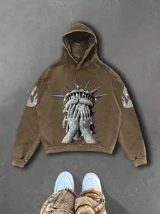 Men's Long Hooded Cotton Sweatshirt, Graphic Print Hoodie, Lady Liberty Print, Casual Fitted Design, Comfortable Fashion, Daily Wear, Ideal Gift