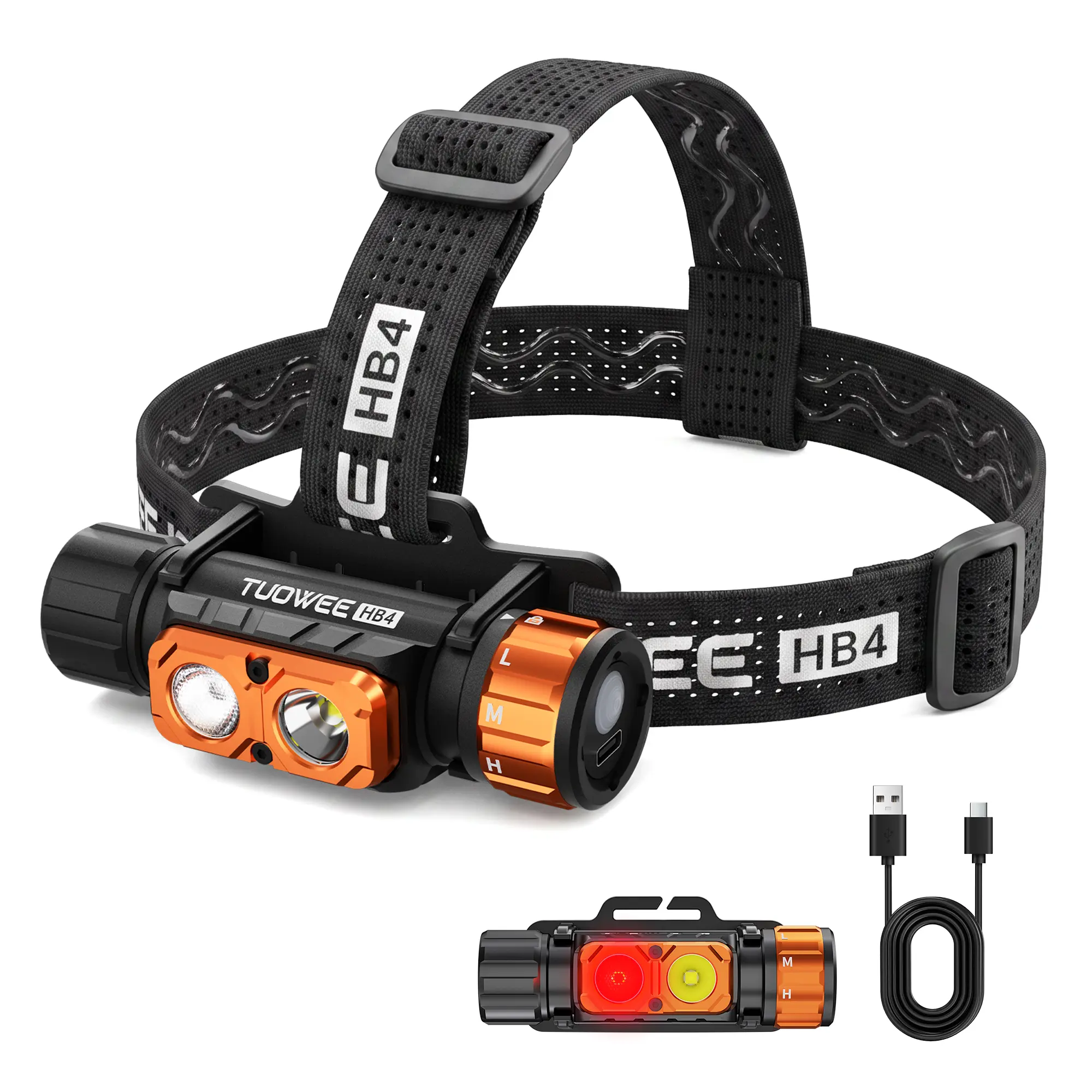 TUOWEE HB4 Rechargeable Magnetic Control Headlamp, 1300 Lumens LED Head Light with 5 Light Modes, Detachable Magnetic Work Light, Red Light, Lockout Mode, Glass Breaker, IPX5 Waterproof for Camping, Hiking, Work and Emergency Use