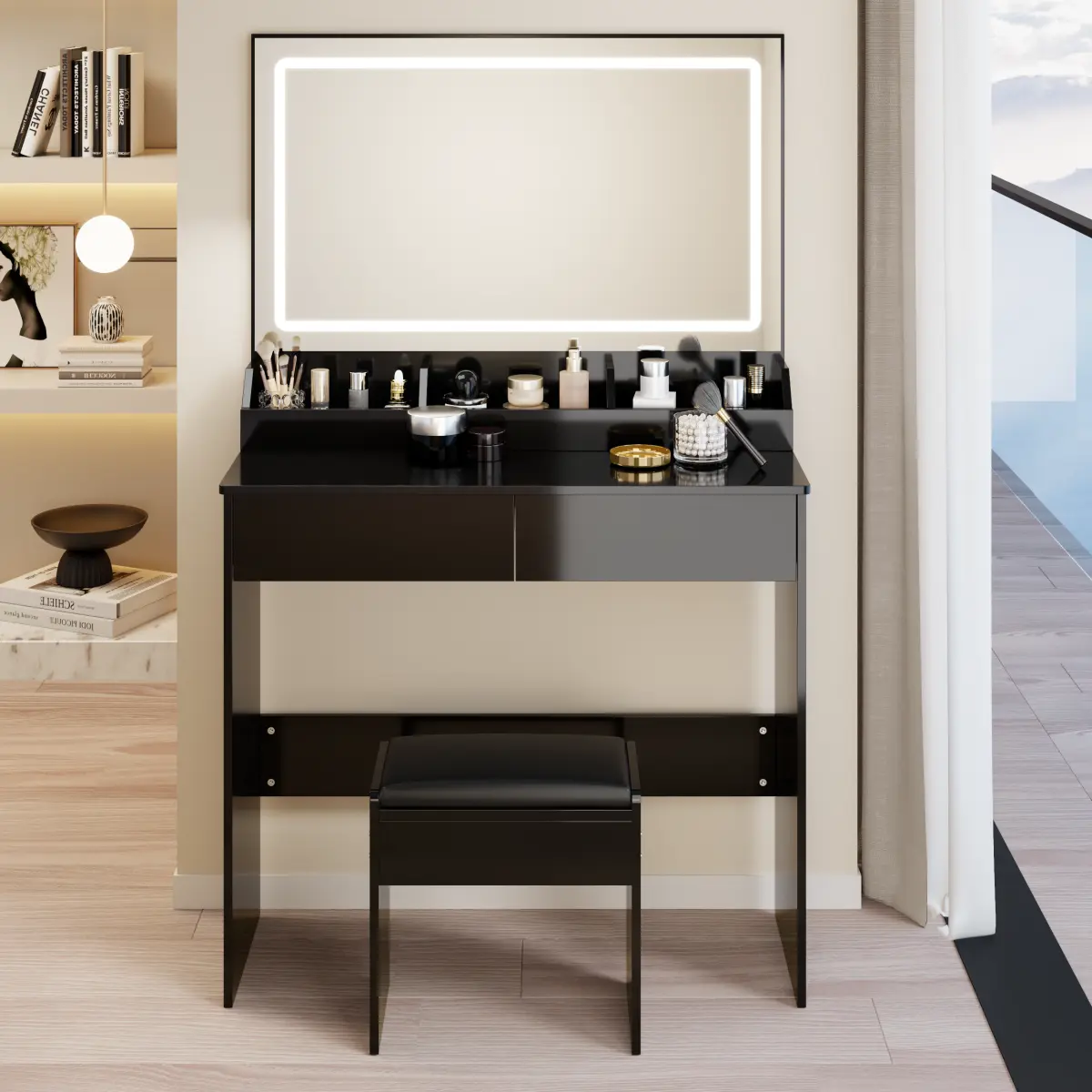31"L*20"W Ultra‑Compact American Minimalist LED Makeup Vanity Table Set, 3‑Color Dimmable Touch Mirror Light with Padded Stool, Space‑Saving Dressing Furniture for Small Bedroom Apartment