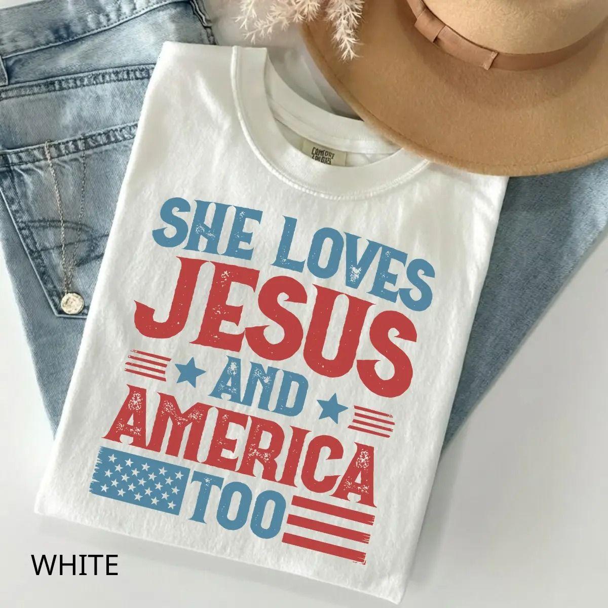 Comfort Colors She Loves Jesus And America Too Womens T-shirt, Fourth Of July Retro Christian Shirt, Independence Day Tee, Apparel Made In The USA