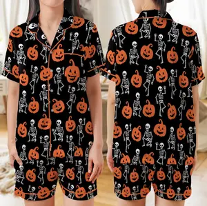 Halloween Slightly Subtle Anti Trump Short/Long Pajamas Set, Halloween Dancing Skeleton Pumpkin Sleepwear, Anti Trump Pjs, Political Starie Pjs
