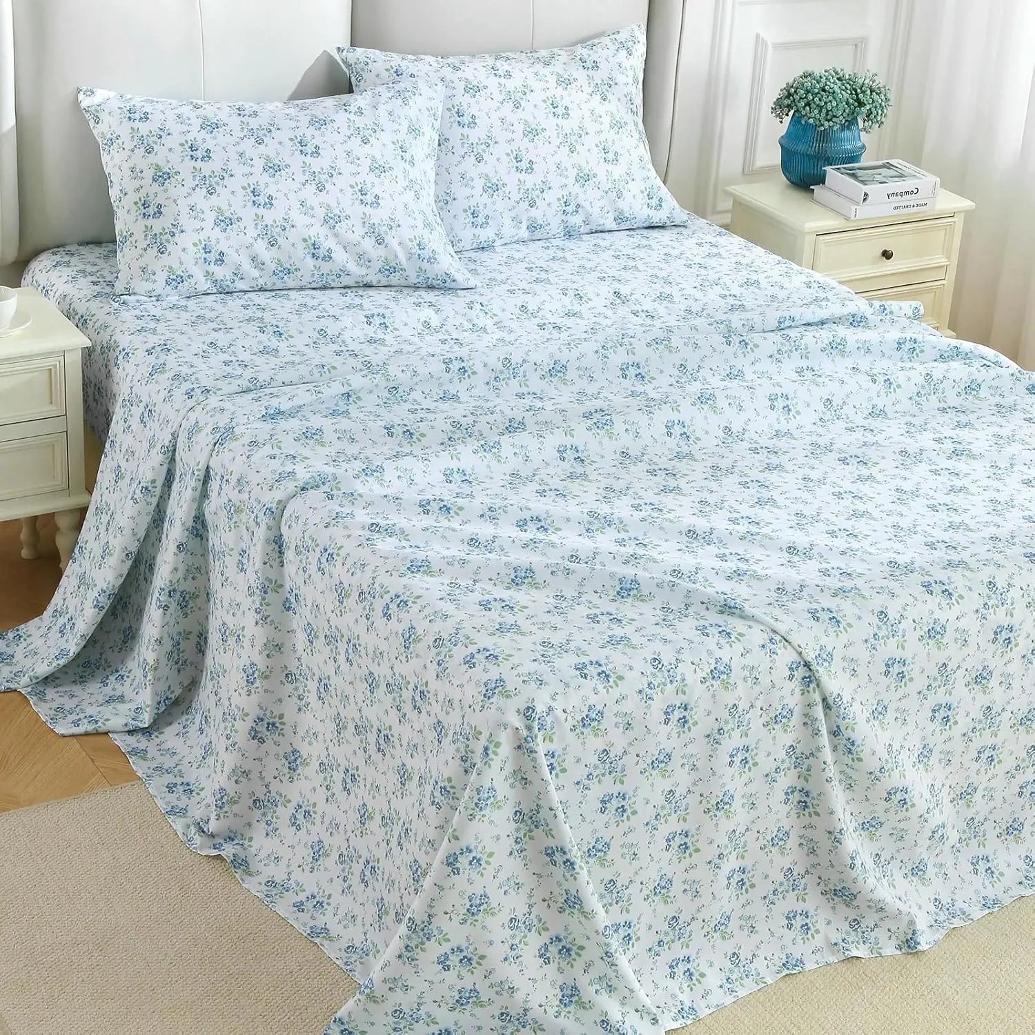 MUXHOMO King Size 4-Piece Floral Bed Sheet Set, Oeko-TEX Certified, Soft Breathable Cooling Bedding, 16" Deep Pocket Wrinkle-Resistant Easy Fit Sheets, Machine Washable, Avoid Fabric Softener - Blossoms Light Blue