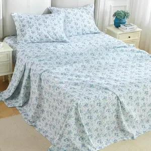 MUXHOMO King Size 4 Piece Sheet Set, Soft Breathable Bed Sheet Set for Bedroom with Deep Pocket Up to 16", Wrinkle-Free & Cooling Bedding for Oeko-TEX Certified - Blossoms Light Blue