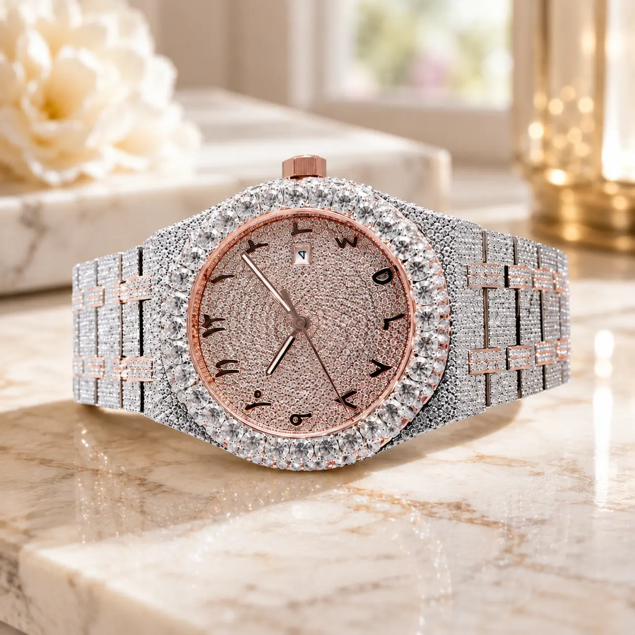 Sparkling Rhinestone Bezel Fashion Watch with Rose Gold Dial, Gift-Ready Bracelet Watch for Her