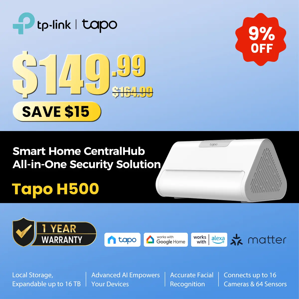 TP-Link & Tapo H500 Smart Home CentralHub – Command 16 Tapo Cameras & 64 Sub-G Sensors, Local 16 GB + 16 TB SATA Storage, Facial Recognition, HDMI Quad-View, 110 dB Alarm, Matter-Ready, No-Fee Security  #SummerWins #DealsForYouDays