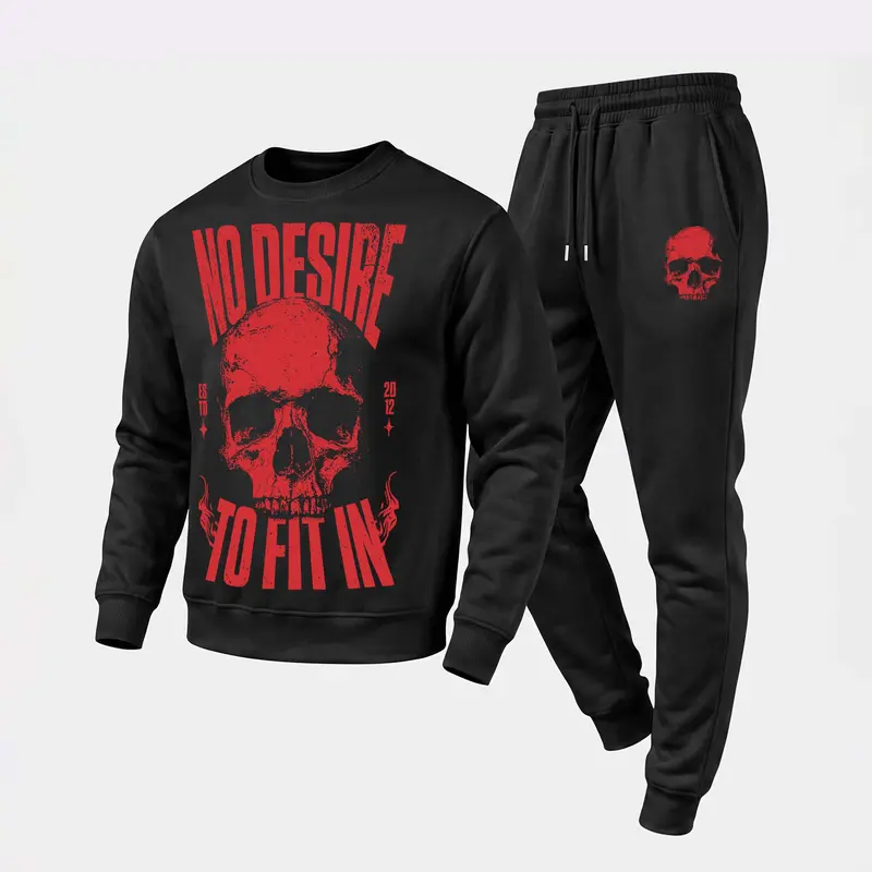Men's 2-Piece Minimalist Casual Loose "No Desire To Fit In" Graphic Crewneck Hoodie & Jogger Pants Set, Breathable Polyester Menswear with Drawstring, Long Sleeve Pullover for Fall Winter Daily Lounge Wear