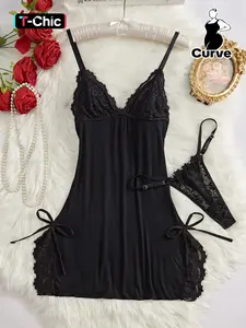 ["Plus Size"] Contrast Lace Bow Decor Cami Nightdress Sleeveless with Thong, Sexy Adjustable Spaghetti Strap Nightgown & Thong, Women's Sleepwear for All Seasons, Loungewear