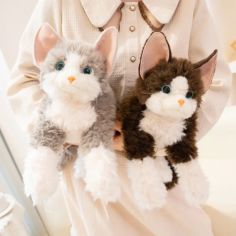 Soft plush kitten figurine in a realistic lying pose — soothing long-haired cat doll, plush toy for bedside companionship and decorative ornament