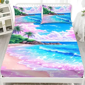 Bed Sheet Set - 3-Piece Set with 2D Flat Printing, Pink and Blue Dreamy Beach Pattern, Mattress Protector in Ten Sizes (1*fitted sheet + 2*pillowcases, no filling), Soft and Comfortable Bedding Set, Suitable for Home Bedrooms and Guest Rooms