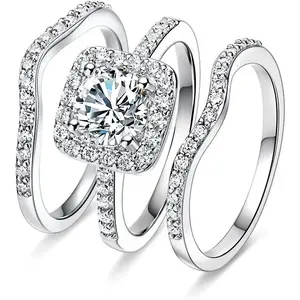 Three-in-One Halo Wedding Bridal Ring Set for Women Cubic Zirconia Engagement Eternity Rings Metal Coating Jewelry for Women
