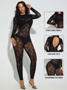 Sexy Women's Jumpsuit Long Sleeve with Sheer Lace Mesh Cutout, Breathable Alluring One-Piece, Open-Back Design, Fashionable Evening Wear