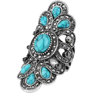 Blue Turquoise Rings for Women, Chunky Statement Long Flower Rings, Big Retro Boho Finger Ring, Fashion Bohemian Punk  Accessories