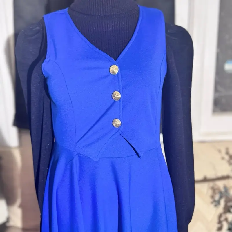 Overall Great for a Church Service Blue Sleeveless Dress with Gold Buttons and Pleated Skirt