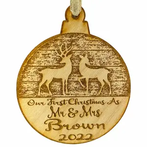 Our First Christmas Married Mr & Mrs Personalized Christmas Ornament - Newlywed Reindeer Design- Year Name Engraved Our First Christmas Gift Engagement Holiday Together Wood Custom Personalized