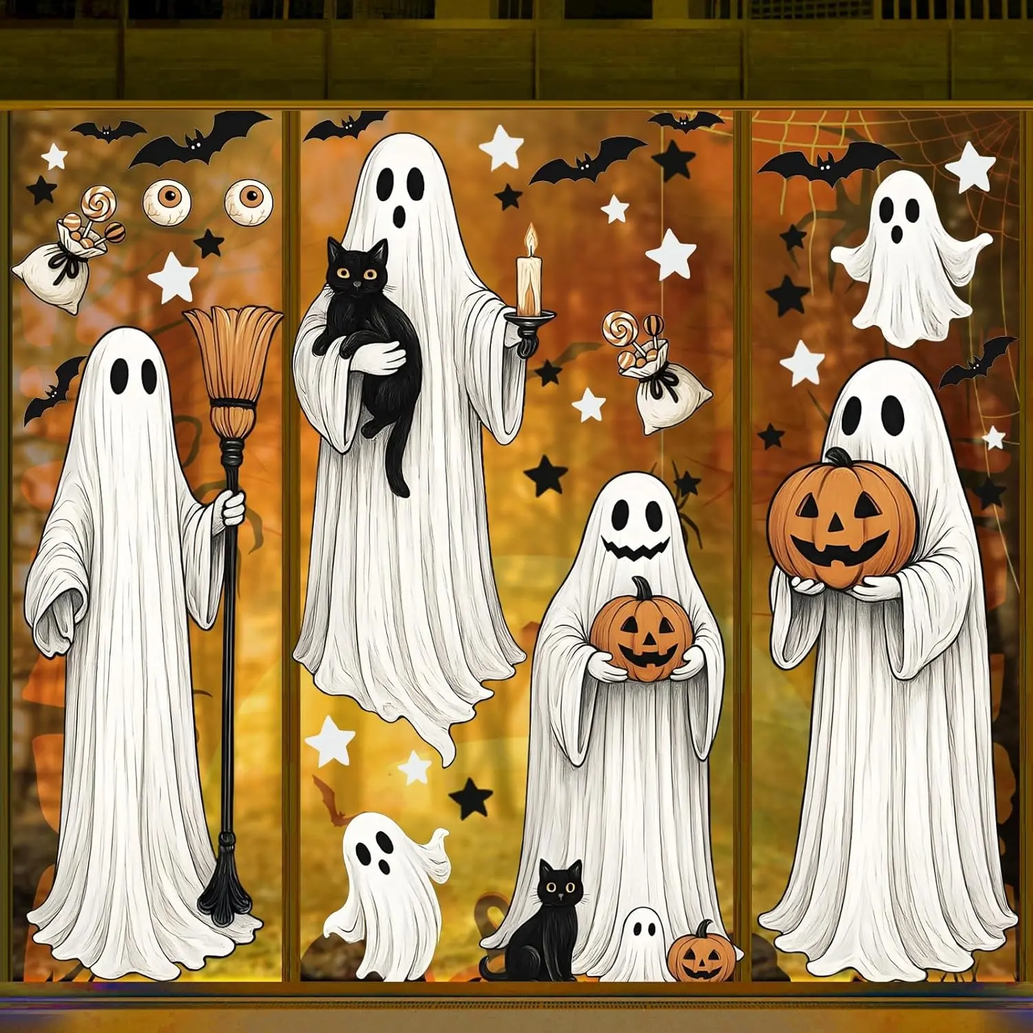 Large Halloween Ghost Window Clings Decorations, 12.6 x 35.4 inc, 4 Sheets Big Spooky Ghost Window Stickers Double Side   for Halloween  Party Indoor Decorations
