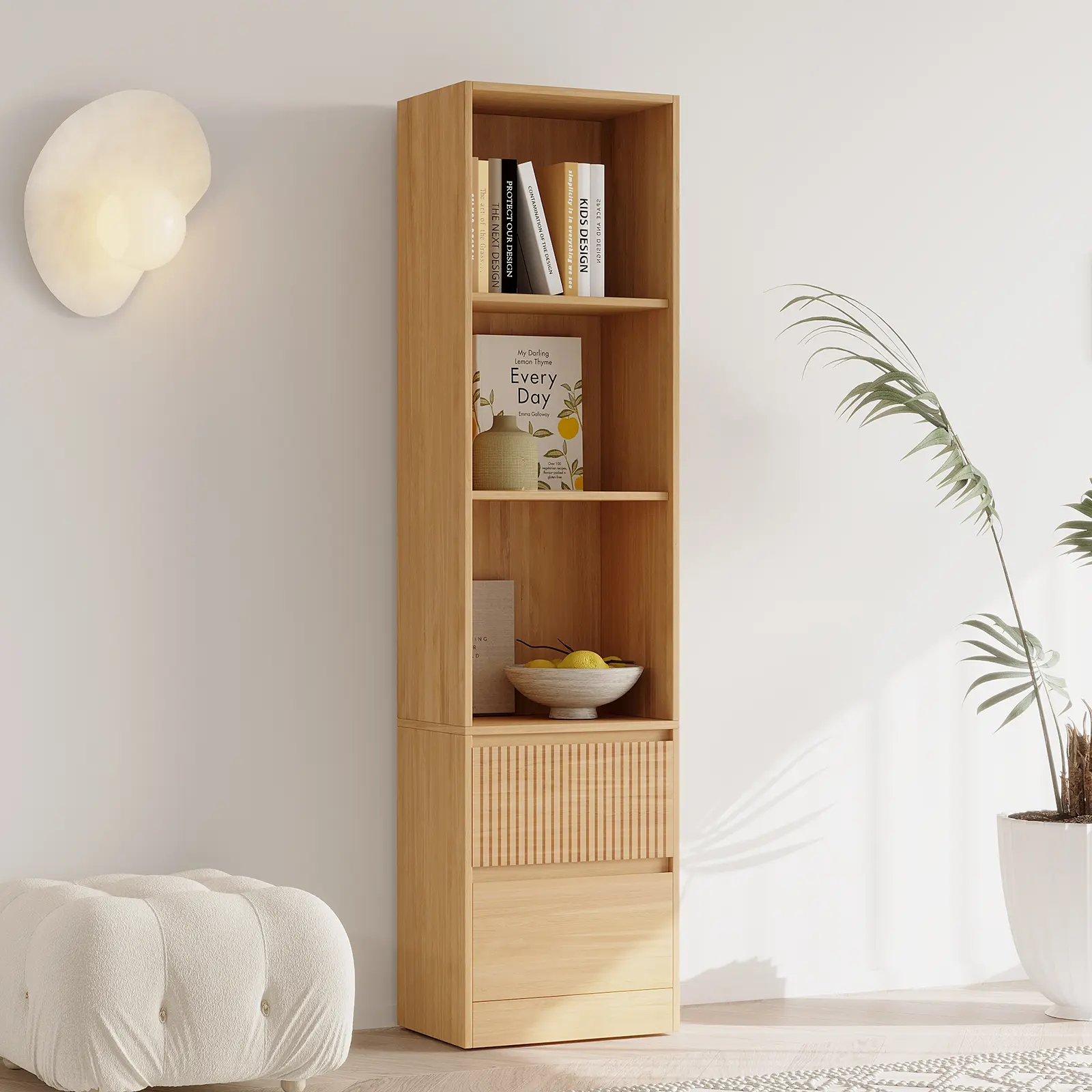 67''H Wood Bookcase Bookshelf with 2 Fluted Drawer, 3 Shelf Open Compartment for LIving Room, Pantry Cabinet for Kitchen, Kids room, Bedroom