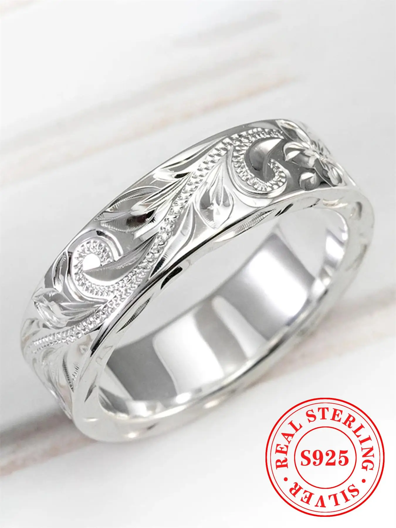 S925 Sterling Silver Ring, Vintage Style Engraved Texture Ring for Women & Girls, Valentine's Gifts for Her, Fashion Simple Engagement Jewelry for Pa