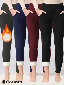Women's High-Waisted Fleece Lined Elastic Fitted Leggings, Tight-Fit Plain Woven Fabric, Fall & Winter Warmth Pants, Casual Style for Daily Wear