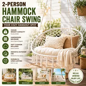 Hammock Chair Macrame Swing 2 Person Hanging Cotton Rope Chair with Soft Cushion Heavy Duty Modern Macrame Chair for Indoor Outdoor Home Bedroom Patio Backyard Garden Deck Aesthetic Boho Room Decor White