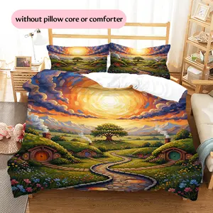 Oil Painting Style Meadow House  Printed bedding set, duvet cover and pillowcases, home decor, Christmas decoration, bedroom duvet cover, Christmas gift, birthday gift (1 * duvet cover + 2 *