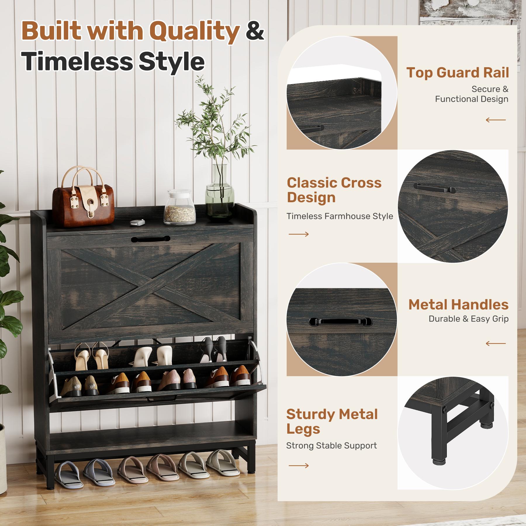 Shoe Cabinet with 2 Flip Drawers Narrow Storage Organizer for Entryway Hallway E1 Grade Board Adjustable Shelves Metal Frame Handle