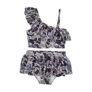 S0078-Fashion Girls Quick Dry Stretchy Camouflage Gray Swimsuit Set Girls' Bikini