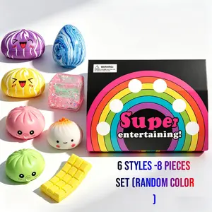 8-Piece Stress Relief Toy Set, 6 Plush Toys, Bubble Blower, Glowing Cube, Chocolate Squeeze Toy, Suitable for Kids and Adults