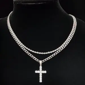 double cross necklace Cuban  hip-hop style long stacking jewelry punk accessory