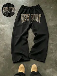 High Street Style Men's Casual Sweatpants, Chic Comfy Pants, Elastic Drawstring Waist, New York Letter Print, Loose Fit Wide Leg Long Pants