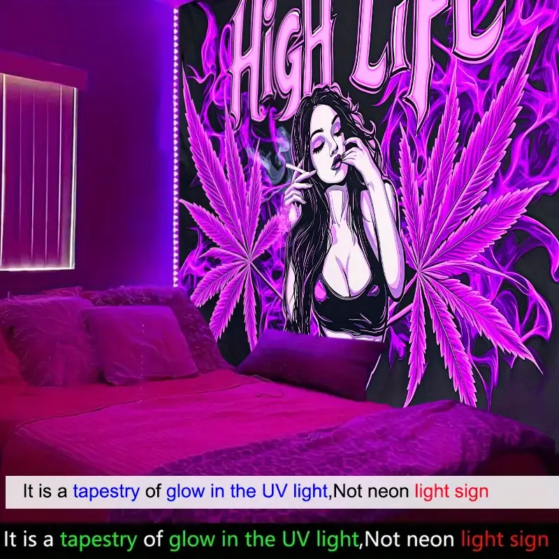 Flat Polyester UV Blacklight Neon Aurora Design Fluorescent Tapestry Banner - "High Life" with Woman Smoking & Leaf Motifs,  Indoor/Outdoor Decor for Game Room, Dorm, Living Room, Bedroom, Office, Patio, Party Decoration, Party Deco