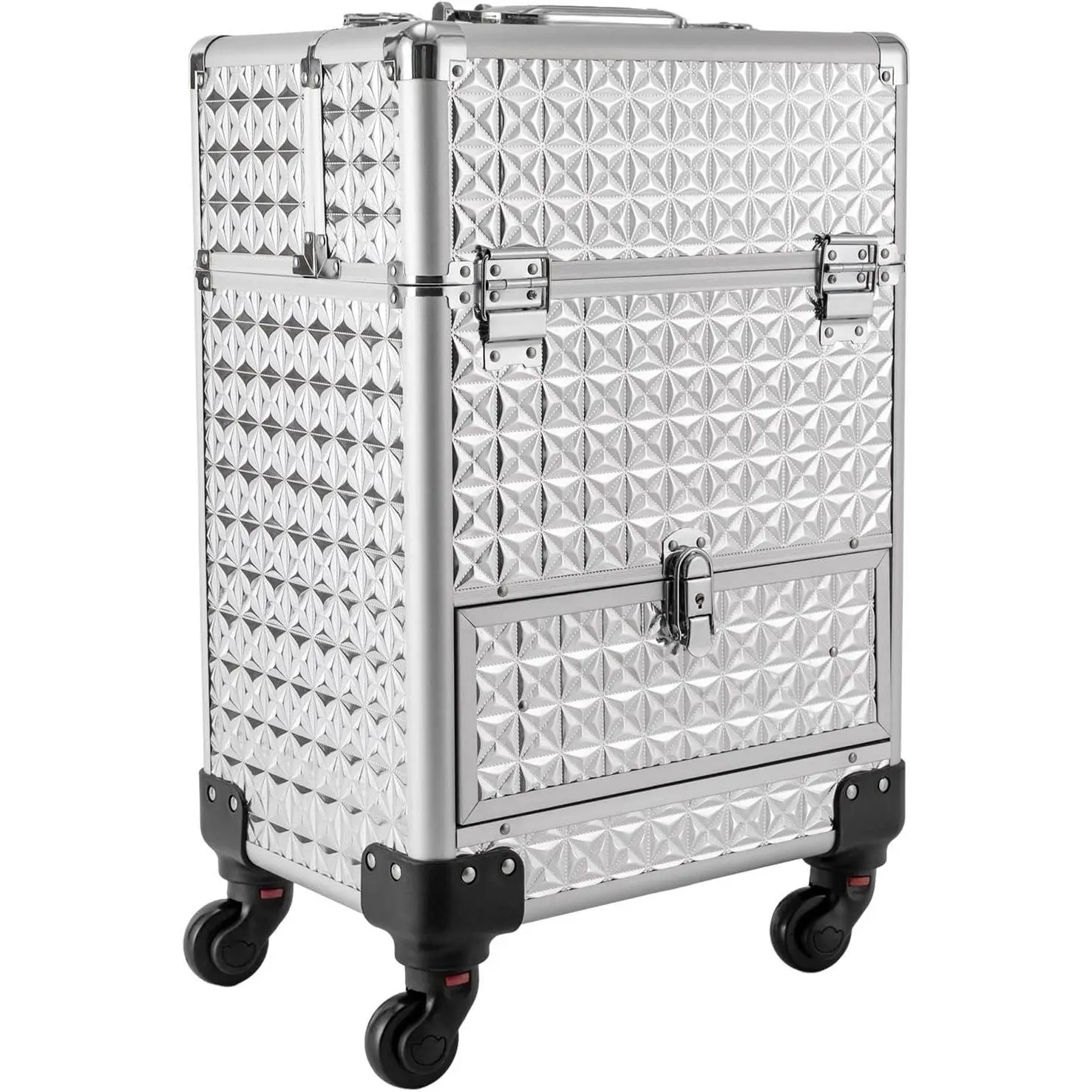 Buckle-Closure Rust-Resistant Aluminum Alloy Makeup Train Case with Sturdy Modern Geometric Design, Armor-Like Edges, 3-Gear Lock, 34*25*47cm Synthetic Material Organizer for Nail Technicians, Travel Use