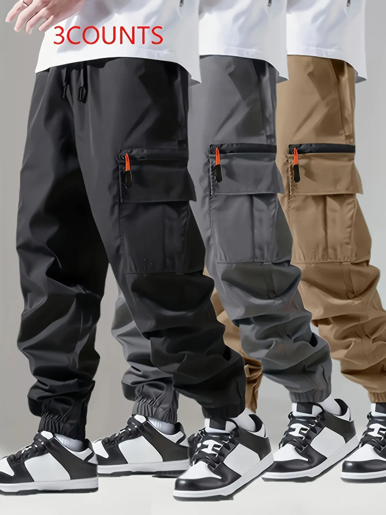 Men’s 3-Pack Casual Cargo Pants — All-Season Joggers, Multi-Pocket, Breathable, Loose Fit, Cuffed Long Pants