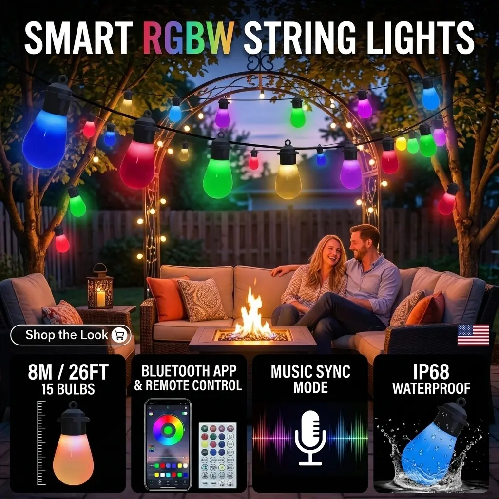 Smart LED Outdoor String Lights 26FT/8M, USB Powered RGBW Color Changing Balcony Lights with Timer & Music Sync, IP68 Waterproof App Control Patio Lights out exterior lámparasolar lantern solar lamp wall garden