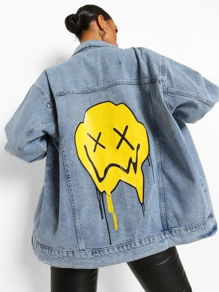 Melting Smiley Face Oversized Denim Jacket for Men and Women – Yellow Street Art Graphic Jean Jacket – Bold Streetwear Outerwear for Edgy and Trendy Looks