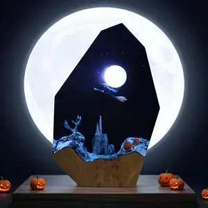 Moonlight Witch Resin Lamp Handmade Sorceress Resin Night Light Creativity Wooden Moon Lamp USB Port Art Ornaments for Home Office Desk Decor, 3D Miniature Scene Multi-Color LED Decoration Table Lamp, Halloween Gift for Friend Family