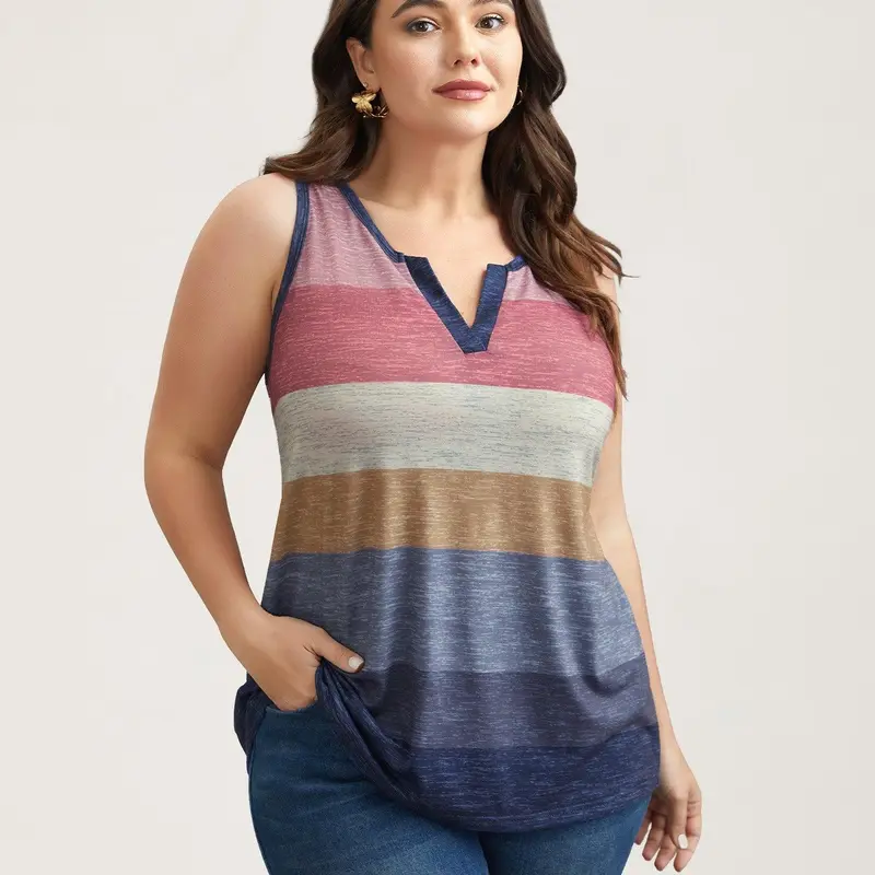 BloomChic Multi-Color Stripes Off-Sleeves Vest 【M-6XL】