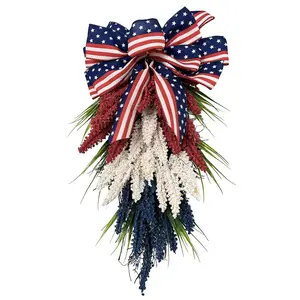 20×12in Metal Patriotic Red White Blue Wheat Swag with Flag Bow - Weatherproof Independence Day Inverted Hanging Front Door Decoration, Ideal for Home & Festival Scenes