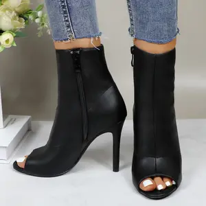 Women's Peep Toe High Heels Ankle Booties PU Leather Solid Color Open Toe 4-inch Stiletto Short Boots with Side Zipper Girl Fashion Comfortable Casual Dress Heeled Shoes for Party Prom Nightclub Evening Work Daily Wear