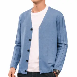 Men’s V Neck Cardigan Sweater Blue Button Lightweight Casual Style