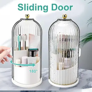 360° Rotating Toothbrush Holder with Transparent Door Lid, Bathroom Countertop Toothbrush Organizer for Vanity Desktop Storage