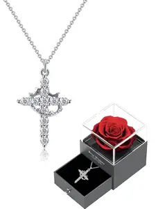 Hollow Out Crown & Cross Design Pendant Necklace with Rose Gift Box, Rhinestone Decor Necklace for Women Fashion All-match Jewelry for Daily Wear