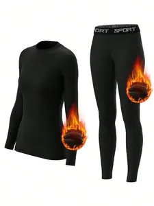 Women Fleece Thermal Underwear Set, Comfortable Base Layer, Warm Skin-Tight Pants For Outdoor Activities, Skiing In Winter, Long Sleeve Crew Neck Top And Leggings Set, Yoga Clothes