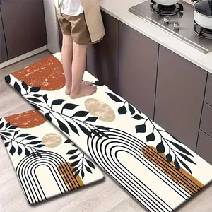 Flannel Kitchen Mat Set, Moleskin Color Plant Branches & Geometric Lines Design, Boho Zen Home Decor, Non-Slip, Absorbent, Washable Kitchen Rugs