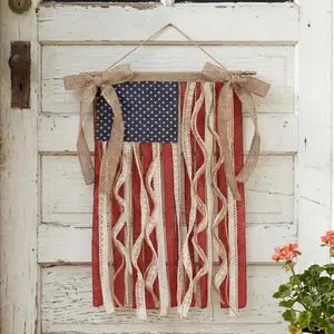 Tigeen 4th of July Decorations Vintage Burlap Rag American Flag Hanging Banner Wall Decor 19.7 x 10.7 In Rustic Memorial Day Ribbon Rag Flag Patriotic Wreath for 250 Anniversary Home Outdoor Decor