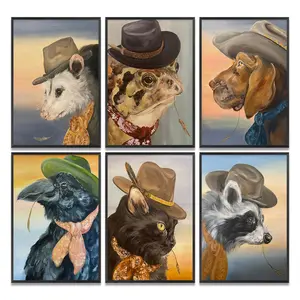 Cowboy Art Print Funny Quirky Wall Decor,Cowboy Cat Crow Dog Frog Possum Raccoon Devilish Art Print Quirky Animal Portrait Cute Art Poster, Funny Poster, Vintage Forest Animal Toilet Art Decor, Bathroom Decor Gift Ideas